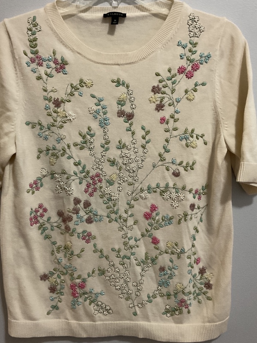 Talbots Floral Beaded SS Sweater, MED,Cottagecore,Grandmacore